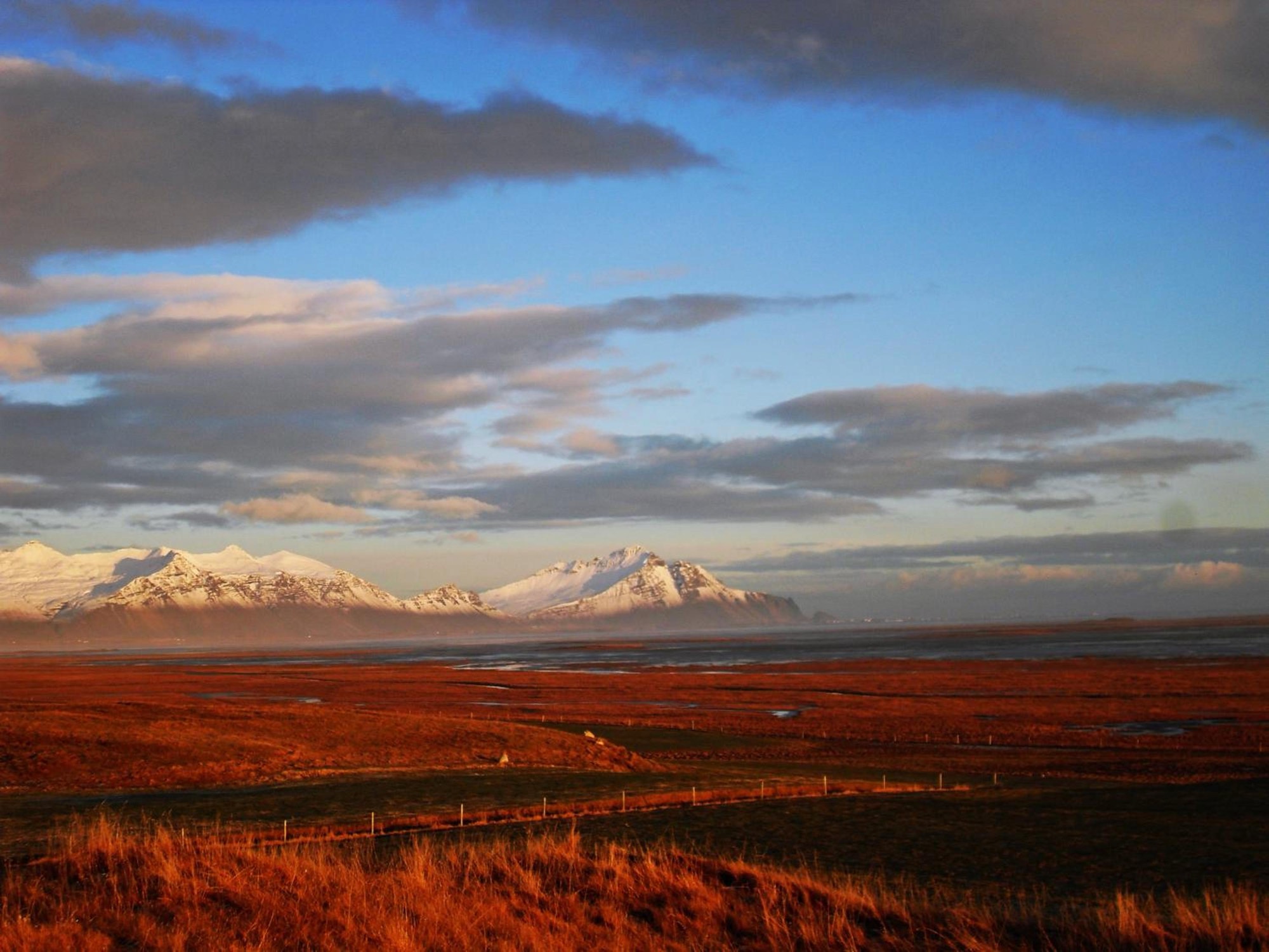 Snow-covered peaks beyond the Mýrar lowlands, with the grass lit by a low sun